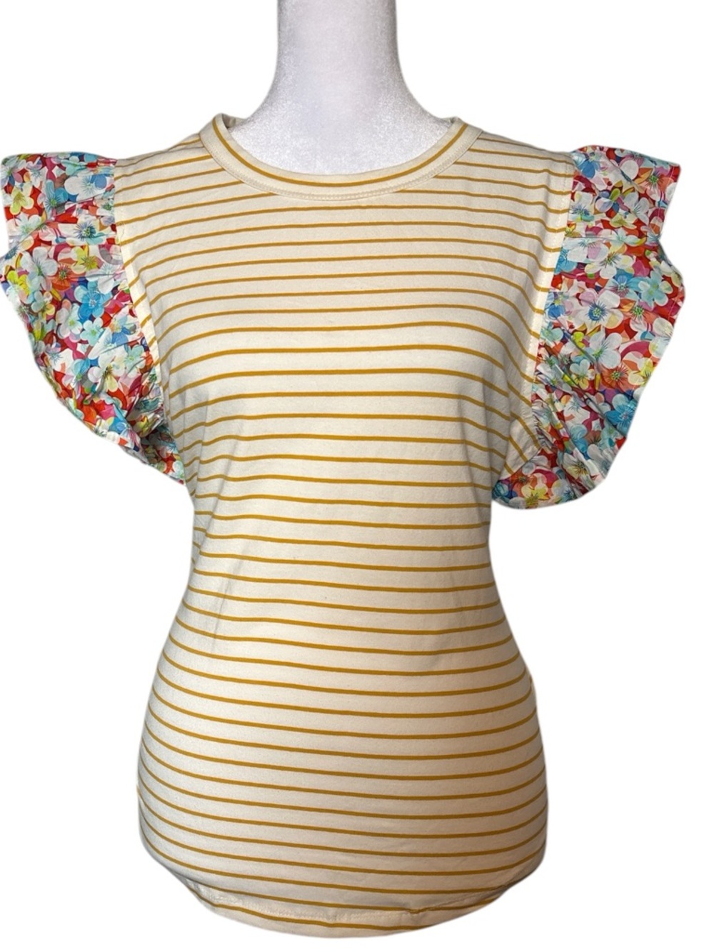Striped Yellow Flutter Sleeve Top with Floral Ruffle Sleeves